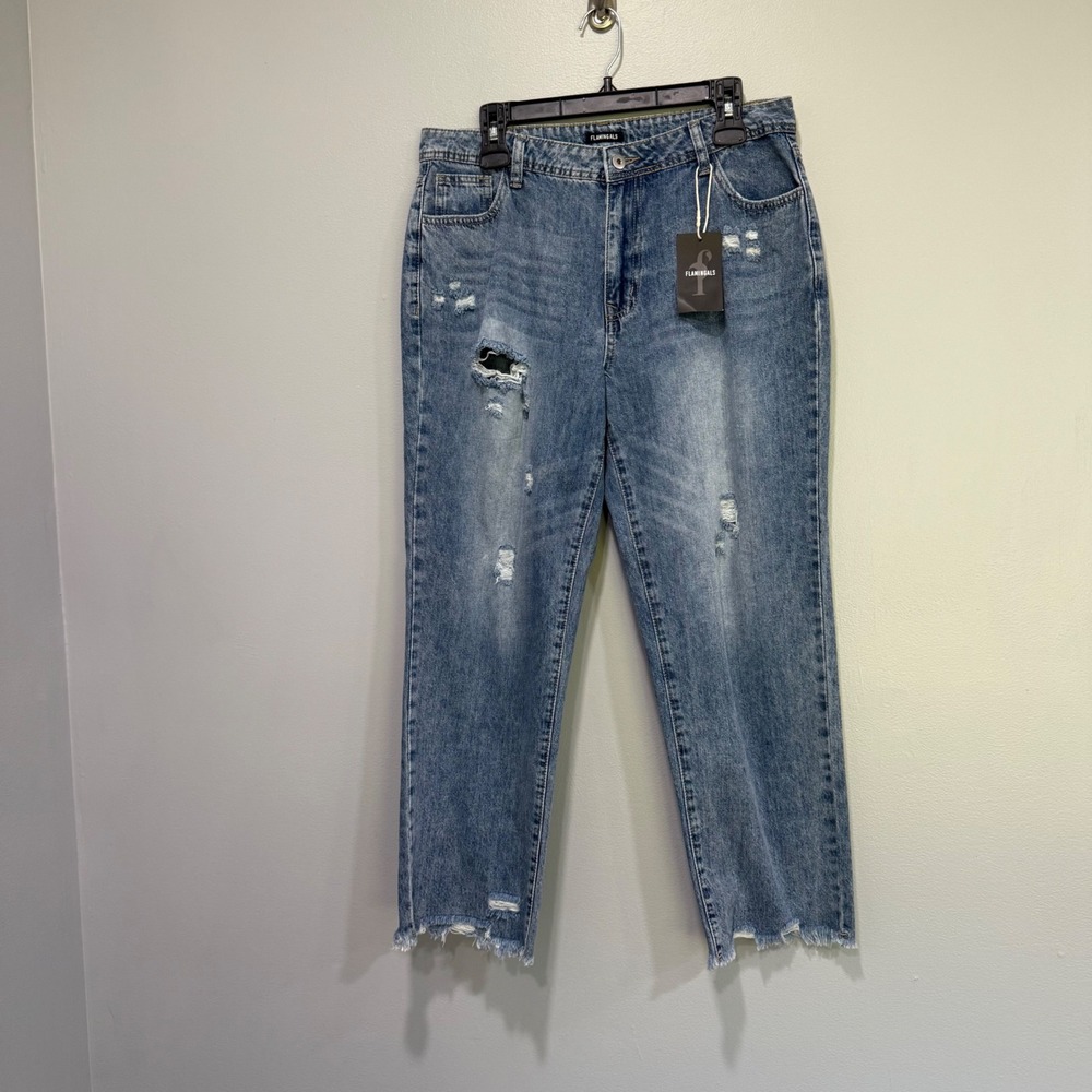 Flamingals Distressed Mom Jeans Women's Frayed Hem Denim High Rise Blue crop